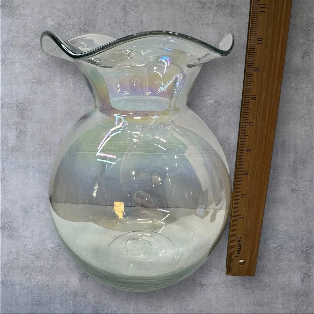 Iridescent Art Glass Vase Hand Blown Clear Wavy Rim Large Bulbous Form‎